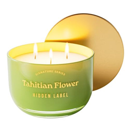Hidden Label Tahitian Flower Candle, 18oz 3 Wick, 70H Tropical | Sage Green Glass Bowl | Mirror Gold Lid | Exotic Floral Scent | Non Toxic Soy Wax - color: Tahitian Flower