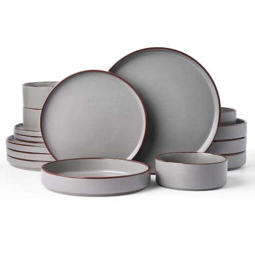 Famiware Nebula Ridge 16-Piece Dinnerware Set with Pasta Bowls, Dark Gray | Stoneware Plates and Bowls for 4, Warm Hand-Painted Rims, Microwave and Dishwasher Safe - color: Dark Gray, size: Service for 4 (Include Pasta Bowls)