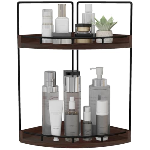 Dorhors Corner Bathroom Counter Organizer,Vanity Countertop Storage Shelf | 2-Tier Walnut Rack Holder for Skincare,Perfume,Makeup,Lotion,Wood Sink Tray Stand for Kitchen,Restroom,Dresser - color: Walnut