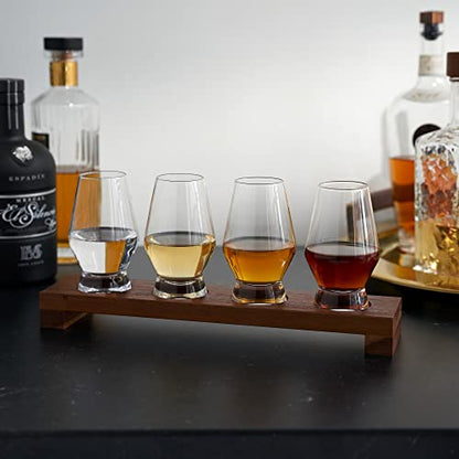 Viski Spirit Tasting Flight Set, Crystal Glass Set with Wooden Tray for Bourbon, Scotch, Gin, Brandy or Liquor, Elegant Drinkware for Home Bars, Whiskey Flights, and Barware Collections - style: Tasting Flight Set