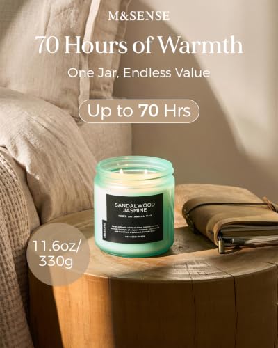 M&SENSE Sandalwood Jasmine Home Scented Candles, 11.6oz Natural Soy Wax | 70 Hours Long Lasting, Slow Burn, Non Toxic Jar Candle, Aromatherapy, Fresh Smelling for Meditation Relaxation Stress Relief - color: Sandalwood Jasmine Serene, size: Medium Jar