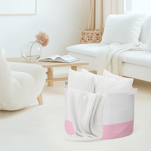 LemonRoad Pink Bow Extra Large Cotton Rope Basket 20"x14", Embroidered Woven Baby Laundry Blanket Basket Box with Handle Storage, Blanket Storage for Living Nursery Pillows Laundry Baby Toy Chest - style: Bow
