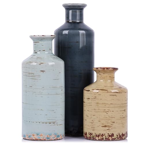Ceramic Vase Set of 3-3 Vintage Vases Home Decor, Farmhouse Country Flower Vase, Vases for Centerpieces, Living Room Decoration, Table Decoration, Fireplace Decor, and Entrance Decorations