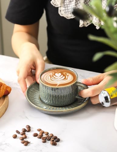 Espresso Cup with Saucer - 6 Ounce Ceramic Espresso Mugs Set of 4, Cappuccino Cups Set, Latte Coffee Cups for Coffee, Cafe Mocha, Tea, Green