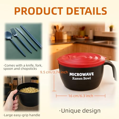 Layron Ramen Cooker Bowl - 45 oz Microwaveable Noodle Bowl Ramen in few Minutes- BPA Free and Dishwasher Safe Set with Chopsticks Perfect for Dorm, Small Kitchen, or Officee (black) - color: Black
