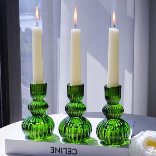 Woho 3pcs Green Taper Candle Holders, Candlestick Holders for Christmas | Set of 3 Green Candle Sticks Holder Decor for Christmas Decor, 4.3" H Ribbed Glass Candlestick Holders for Spring Wedding - color: Green