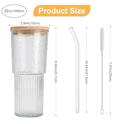 32oz Ribbed Glassware Large Cup, Glass Cups With Lids And Straws,Iced Coffee Cups With Lids,Glasses Drinking Set,Cute Cups,Boba Cup,With Straw Brush,Ideal Gift