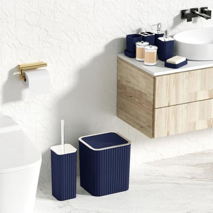 XLHOMO Navy Blue Bathroom Accessories Set - Gorgeous Bathroom Set, 10PC Bathroom Accessory Set, Toilet Brush, Trash Can, Qtip Holder & Soap Dispenser - size: Bath Set, style: Navy Blue&Silver