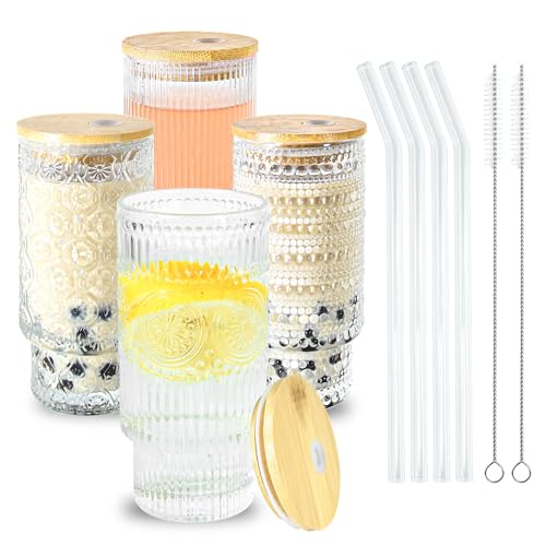 Glass Cups with Lids and Straws 16 oz Vintage Drinking Glasses Set | Embossed Glassware Set of 4 with Bamboo Lid, Stackable Glass Tumbler for Iced Coffee Water Cocktails Lemonade Home - color: 16oz Mixed*4, size: 16oz