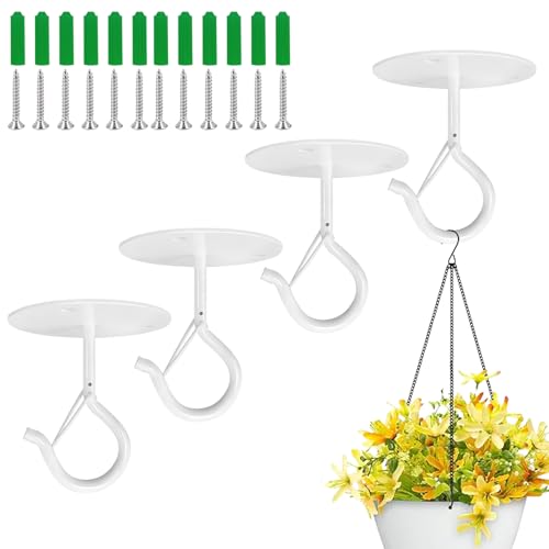 4 Pcs White Ceiling Hooks for Hanging Plants Holder with Safety Buckle,Ceiling Decor Hook Heavy Duty,Metal Plant Hanger Indoor&Outdoor.Hooks for Hanging Plants,Wind Chime,Bird Feeders (White) - color: White, size: 4 Pieces