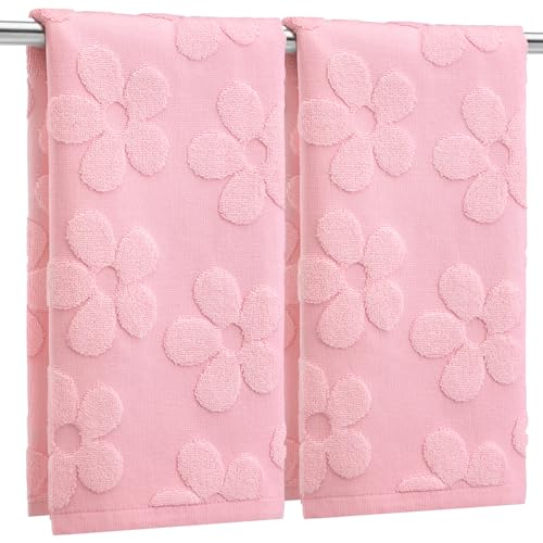 2 Pcs Pink Floral Hand Towels for Bathroom Cute Decor, 100% Cotton | Jacquard Weave with Floral Decor, Coquette Preppy Style for Teen Girls Bathroom, Soft Absorbent Towels Set, 13.7x29.5 Inch - color: Pink, style: Floral