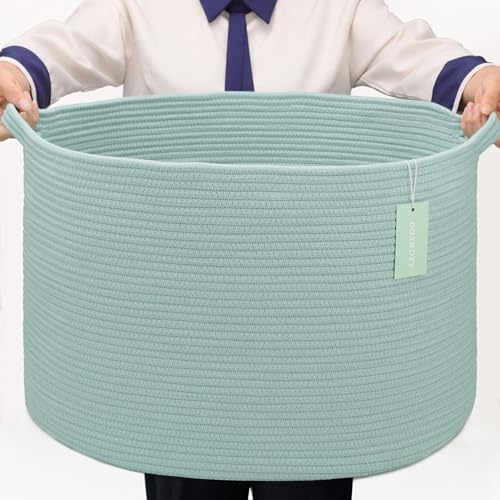 Large Cotton Rope Blanket Basket, 87L Laundry Hamper, Light Green | Collapsible Woven Nursery Hamper, Sturdy Handles for Clothes Toys Towels, Ideal for Living Room Bedroom Bathroom - color: Light Green, size: 87L (22"x14")