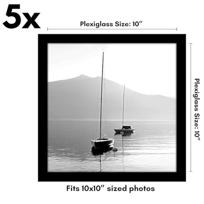 Americanflat 10x10 Picture Frame 5-Pack - Slim Molding - Black | Polished plexiglass front, wall or tabletop display with included easel, triangle hangers included, secure turn-tab backing - color: Black, size: 10x10