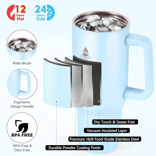 40 oz Tumbler with Handle and Straw or Convert to 40 oz Insulated Water Bottle Fits in Cup Holder. Stainless Steel Metal Water Flask with 2 Lids for Travel,Camping,Gym Sports Coffee Mug Thermal Cup - color: Blue Haze