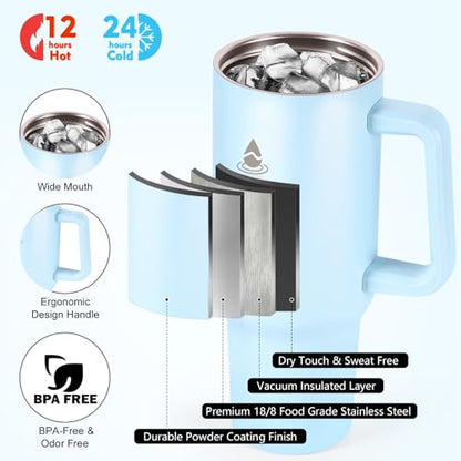 40 oz Tumbler with Handle and Straw or Convert to 40 oz Insulated Water Bottle Fits in Cup Holder. Stainless Steel Metal Water Flask with 2 Lids for Travel,Camping,Gym Sports Coffee Mug Thermal Cup - color: Blue Haze