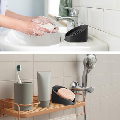 NiHome Silicone Sponge Holder for Kitchen Sink, Fits Scrub Daddy Mommy | Self-Draining Dispenser Organizer Tray, Sink Caddy Countertop Fits Soaps, Scrubber, Dishwasher Safe, Includes Brush - color: Black
