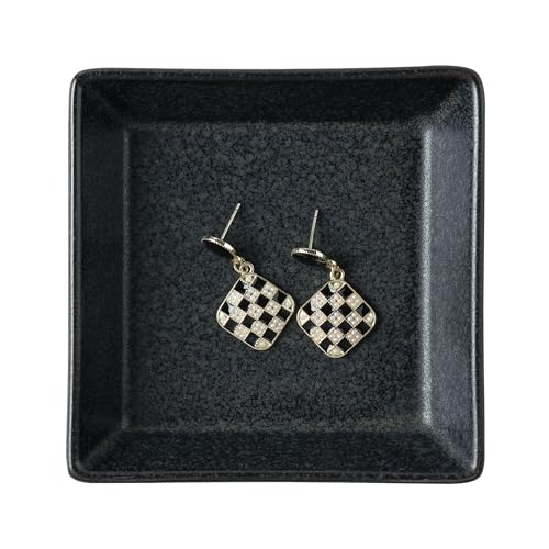 Ceramic Trinket Dish, Small Jewelry Ring Tray for Keys, Black | Glazed ceramic jewelry tray. Stores rings, earrings, necklaces, bracelets. Easy to clean. Perfect for vanity and entryway. - color: Black Surface