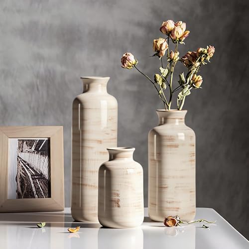 Nicunom Ceramic Vase Set of 3, Rustic Ceramic Flower Vase for Home Decor, Boho Decorative vase for Room, Centerpiece,Table, Shelf, Mantel and Entryway Decor