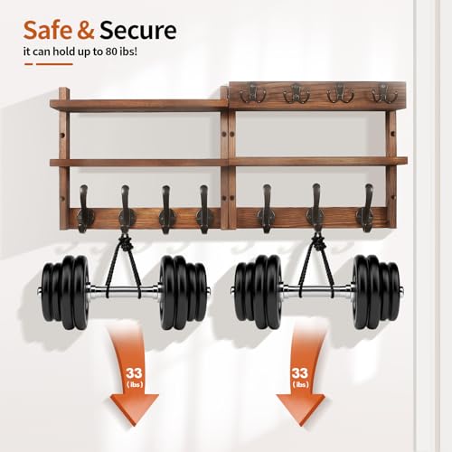 29" Coat Rack Wall Mount with Shelf, Pine Two-Tier Wall Shelf Mounted Coat and Key Hanger with 7 Heavy Duty Hooks 4 Key Hooks, Entryway Key Holder with Mail Holder for Bedroom,Living Room (Brown) - color: Brown Pine