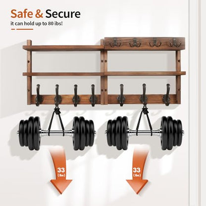 29" Coat Rack Wall Mount with Shelf, Pine Two-Tier Wall Shelf Mounted Coat and Key Hanger with 7 Heavy Duty Hooks 4 Key Hooks, Entryway Key Holder with Mail Holder for Bedroom,Living Room (Brown) - color: Brown Pine
