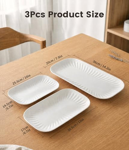 Ceramic Serving Platter, 10"/12"/14" Large Rectangular Serving Tray, White | Set of 3 Ceramic Trays, Microwave Dishwasher Safe, Serving Dishes for Entertaining, Everyday Meals, Holiday