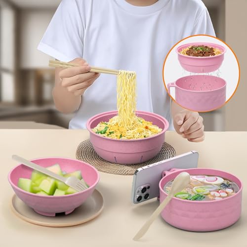 Ramen Cooker,32oz Ramen Bowl Set,Microwave Ramen Bowl, Microwave Bowl with Lid, Portable Noodle Bowls,for Home Office Dorm Room College gift (Pink) - color: Pink