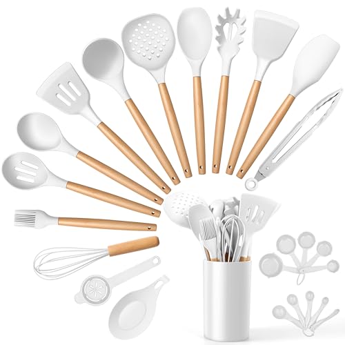 E-far White Cooking Utensils Set with Holder, 25-Piece Silicone Kitchen Utensil Set with Wooden Handle for Nonstick Cookware, 446°F Heat Resistant Kitchen Tool Spatula Tongs Whisk, Non-toxic & Healthy - color: White, size: 25