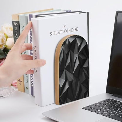 Personalized Black Geometric Book Ends for Shelves, Large Heavy Duty Wooden Bookends with Non-Skid Metal Base Book Holder Decorative Book Stopper for Home Office Supplies 1 Pair