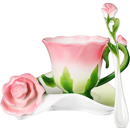 Dandat Ceramic Rose Tea Cups and Saucers with Spoon Rose Flower Shaped Cup and Sauce Set Cute 6oz Tea Cups Flower Mug Mother's Day Grauation Birthday Appreciation Teacher Gifts for Home Office Kitchen