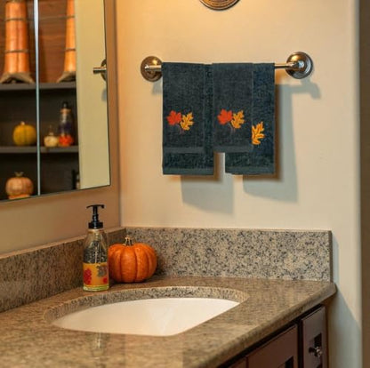 Harvest Fall Fingertip Towels for Bathroom: Autumn Plush Dark Grey Gray Autumn Leaf Design, 100% Cotton Towels, Set of 2, 12" x 18" - color: Autumn Leaf Grey