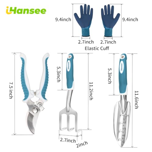 Blue Garden Tools 4-Piece, Aluminum Alloy Gardening Hand Tool Set | Transplant Trowel, Hand Rake, Curved Pruner with Ergonomic Handle, Garden Gloves, Gardening Gift for Men Women Plant Lover - color: blue-4pcs