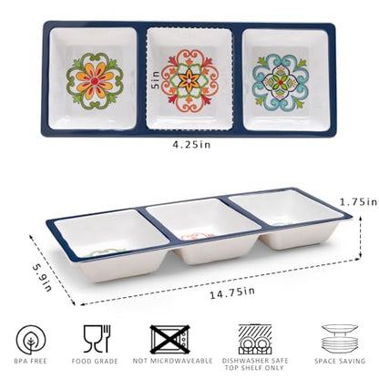 3-Section Divided Serving Trays, Talavera 14.75”x 6” Unbreakable Melamine Serving Platter for Serving Food, 3 Compartment Condiment Tray, Rectangular Condiment Server Set of 2 - color: Talavera 3 Section Tray