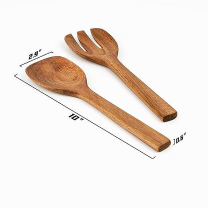 Acacia Wood Salad Servers, 10-inch Wooden Utensils for Cooking and Kitchen - Set of 2