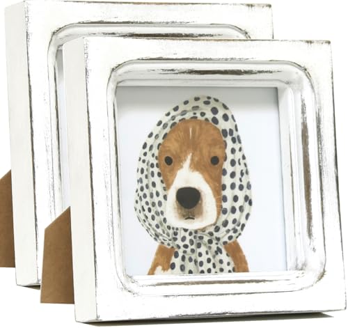 Picture Frames 4x4 Set of 2 Handmade Rustic Wood Frames with Hard Glass - 2 Pack Small Mini Cute Picture frames for Tabletop Display and Wall Mounting Vintage Farmhouse Home Decor (Distressed White, 4x4) - color: Distressed White, size: 4x4