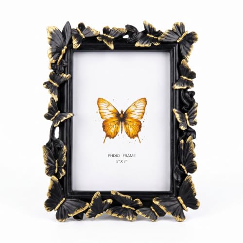 Black 5x7 Vintage Picture Frames Golden Butterfly Elegant Retro European Design, Antique Photo Frame for Wall Hanging and Tabletop Display, Retro Design Home Decor - color: Black, size: 5X7