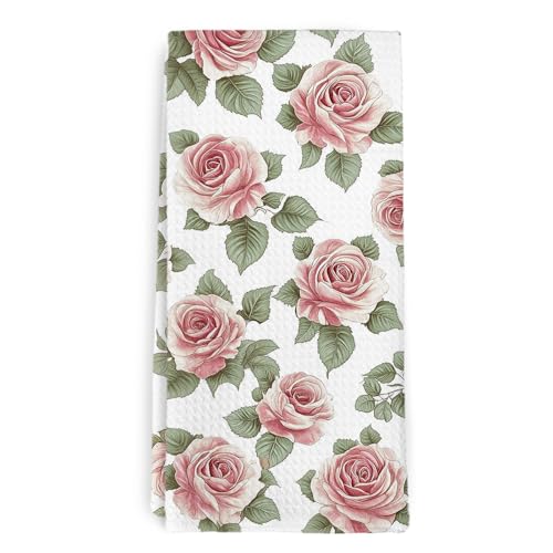 Pink Rose Floral Kitchen Towel and Dish Towel, April Birth Month Flower Decor Hand Towels, Grandma Gifts for Mother's Day, Aesthetic Decorative Hand Dish Tea Towels for Bathroom, 16x24 Inch - color: Pink Rose