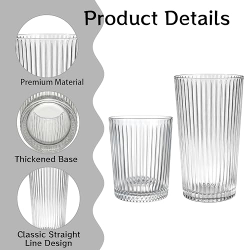 12 Pcs Ribbed Drinking Glasses Set 9 oz 12 oz Clear Ice Coffee Highball Ripple Drinkware Vintage Glassware Ribbed Cocktail Cup for Beverages Bar Home