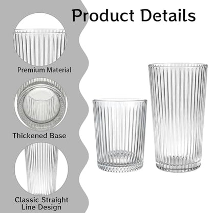 12 Pcs Ribbed Drinking Glasses Set 9 oz 12 oz Clear Ice Coffee Highball Ripple Drinkware Vintage Glassware Ribbed Cocktail Cup for Beverages Bar Home