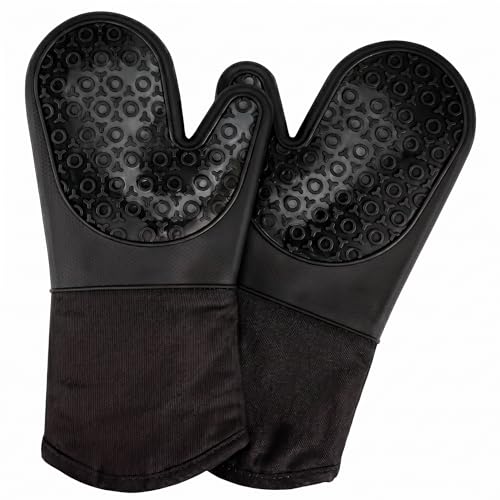 Silicone Oven Mitts 2-Pack, 13.5"x7.28" Heat Resistant 500°F, Non-Slip BPA-Free with Soft Cotton Lining, Kitchen Gloves for Baking, Cooking, BBQ & Grilling (Black) - color: Black