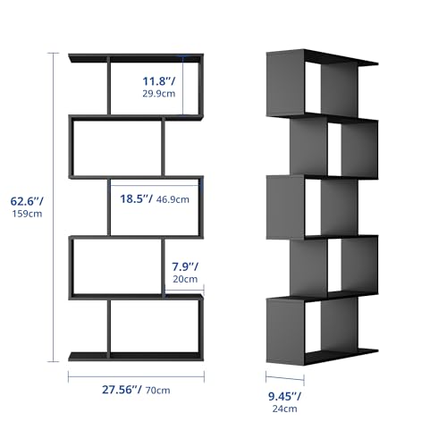 Set of 2 Geometric Bookcase, S-Shaped Modern Bookshelf, Room Divider Bookshelf, 62" Tall Unique Abstract Bookcase with 5-Tier Display Shelf for Living Room Office, Black - color: Black