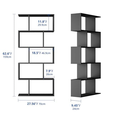 Set of 2 Geometric Bookcase, S-Shaped Modern Bookshelf, Room Divider Bookshelf, 62" Tall Unique Abstract Bookcase with 5-Tier Display Shelf for Living Room Office, Black - color: Black