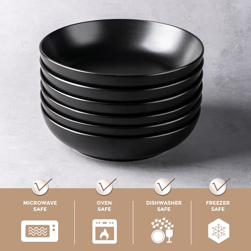 AmorArc 8.5 Inch Stoneware Pasta Bowls of 6, 32oz Large Bowls Set | Matte Black Wide Bowls for Kitchen Pasta,Salad,Oatmeal, Microwave&Dishwasher Safe - size: Set of 6