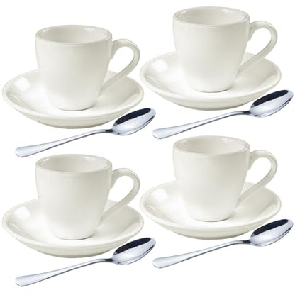 homEdge Porcelain Espresso Shot Cup Set with Saucers and Stainless Steel Spoons - 80 ml / 2.67 oz, Set of 4, White - color: White