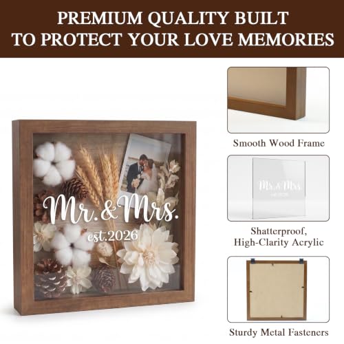 9x9 Wooden Wedding Shadow Box Frame - Mr and Mrs Est 2026 Memory Box Display Case with Clear Acrylic Window for Keepsakes, Dried Flowers, Photos - Bridal Shower, Engagement Gifts for Couples