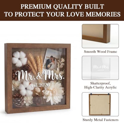 9x9 Wooden Wedding Shadow Box Frame - Mr and Mrs Est 2026 Memory Box Display Case with Clear Acrylic Window for Keepsakes, Dried Flowers, Photos - Bridal Shower, Engagement Gifts for Couples