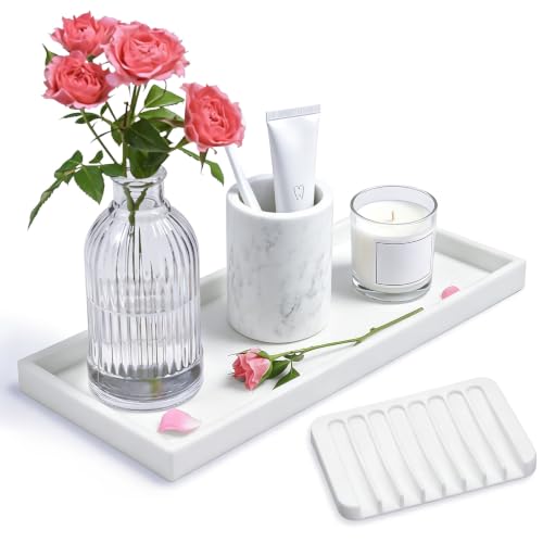 Bloss Counter Tray Set for Bathroom/Kitchen - 11.8" Silicone Tray for Kitchen Countertop, Soap and Sponge Holder, Bathroom Vanity Traty for Perfume, Jewelry, Candle, Key Tray - color: White, size: 11.8" x 5.1" x 0.9"