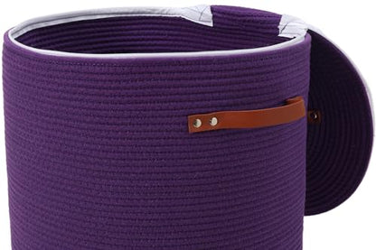 16"x20" Extra Large Cotton Rope Basket with Zipper Lid, Woven Laundry Hamper and Blanket Storage Basket, Round Clothes Bin for Living Room Bedroom, Purple - color: All Purple