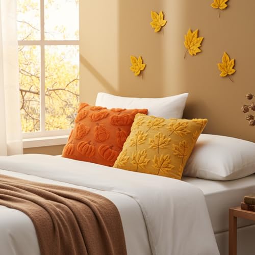 Tiamon 4 Pcs Fall Throw Pillow Covers 18 x 18 Inch Autumn Pillow Cases 3D Embroidered Pumpkin Leaf Plush Fluffy Faux Fur Cushion Covers for Thanksgiving Harvest Decoration Farmhouse Home Sofa Couch - style: Fall A