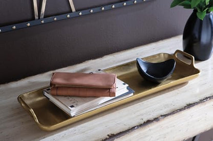 Signature Design by Ashley Posy Rectangle Gold Decorative Metal Tray | Sturdy 4 lb cast aluminum, Elegant goldtone finish, Ideal for coffee table styling, Organizing, Modern home decor