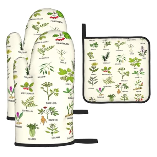 Cute Herbs Botanic Garden Plants Oven Mitts and Pot Holders Sets Heat Resistant for Kitchen BBQ Microwave Baking Grilling Cooks Set of 3 Kitchen Oven Glove - color: Cute Herbs